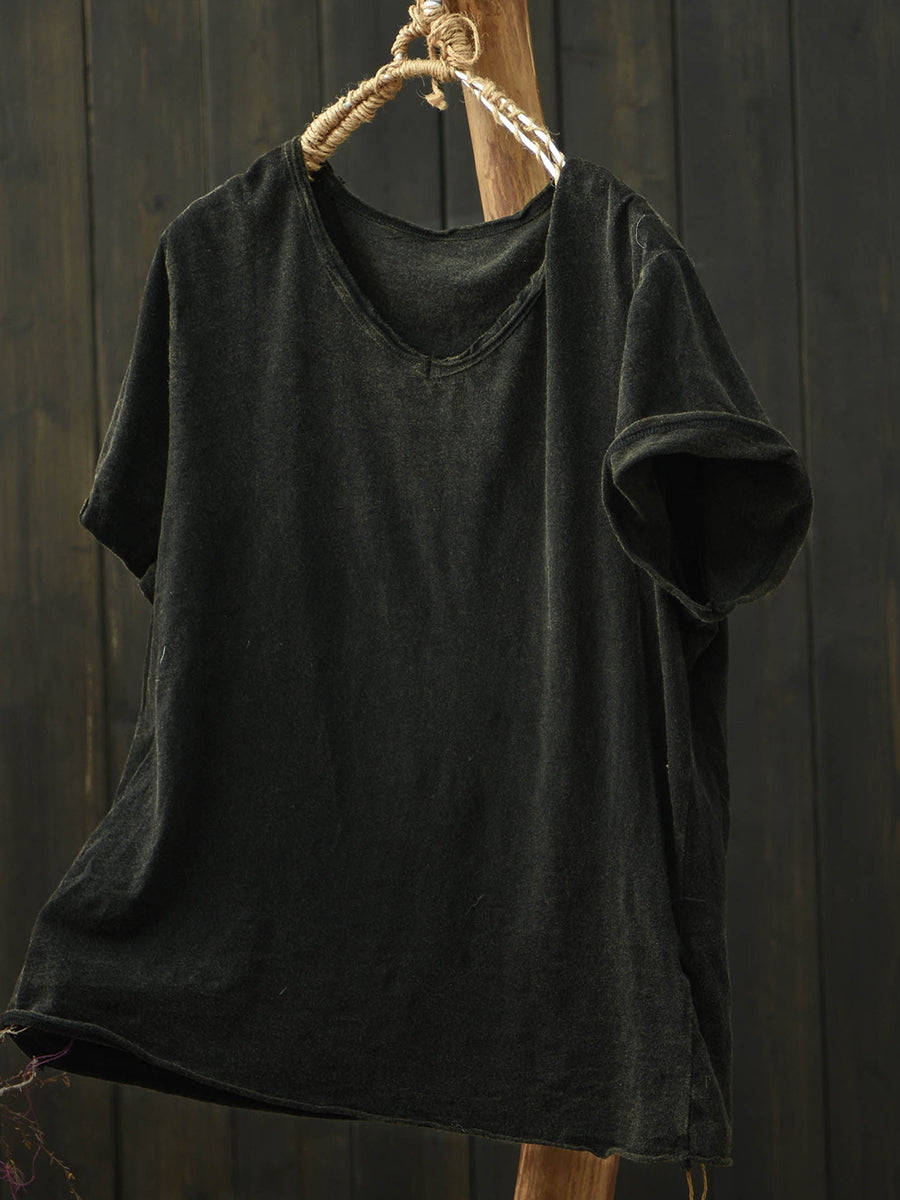 Plus Size Women Summer Vintage Pure Color V-Neck Cotton T-Shirt
