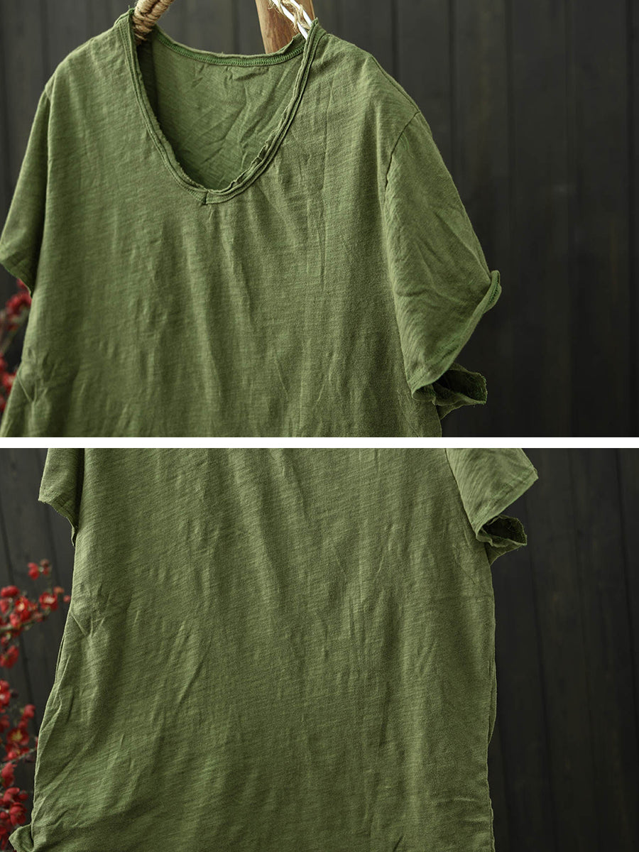 Plus Size Women Summer Vintage Pure Color V-Neck Cotton T-Shirt