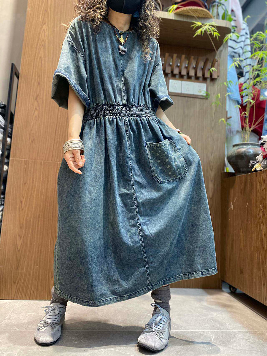 Women Summer Vintage Pure Color O-Neck Denim Dress