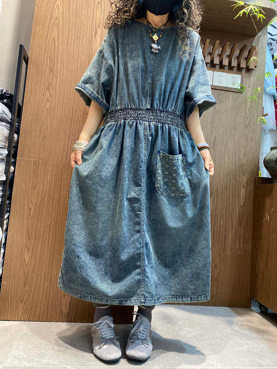 Women Summer Vintage Pure Color O-Neck Denim Dress