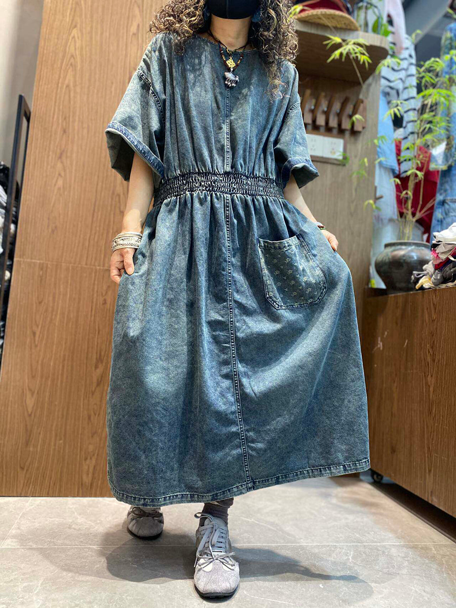 Women Summer Vintage Pure Color O-Neck Denim Dress