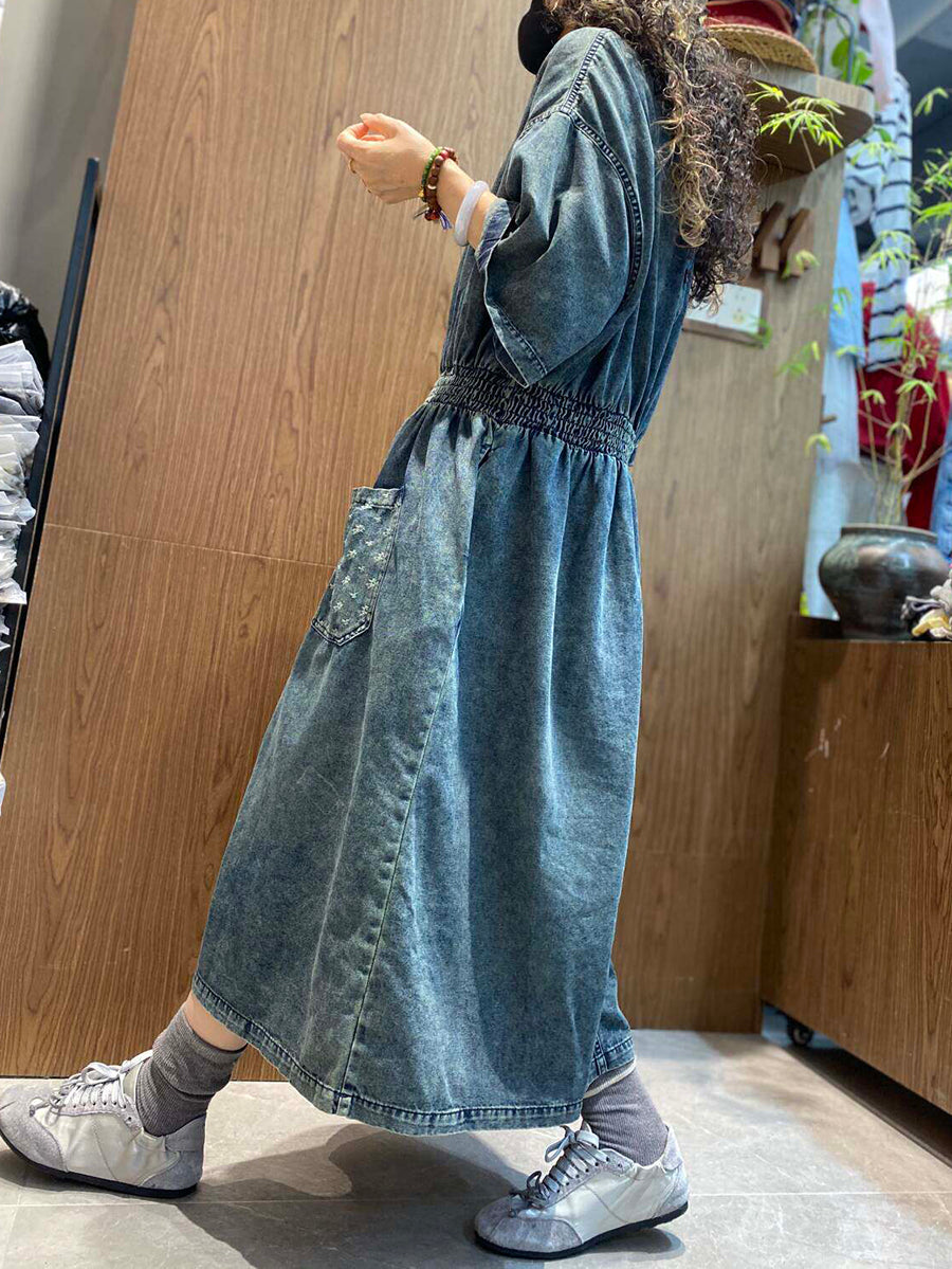 Women Summer Vintage Pure Color O-Neck Denim Dress
