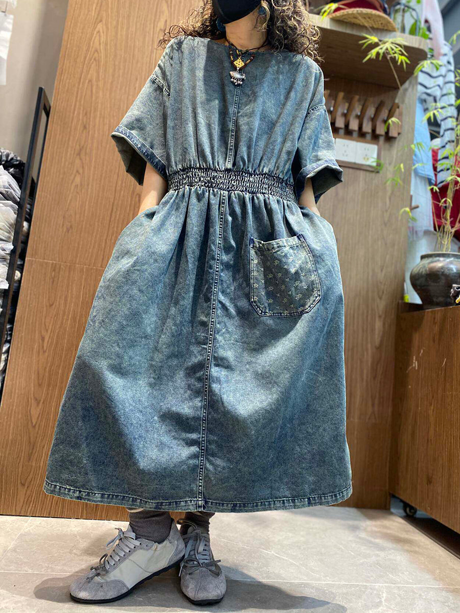 Women Summer Vintage Pure Color O-Neck Denim Dress