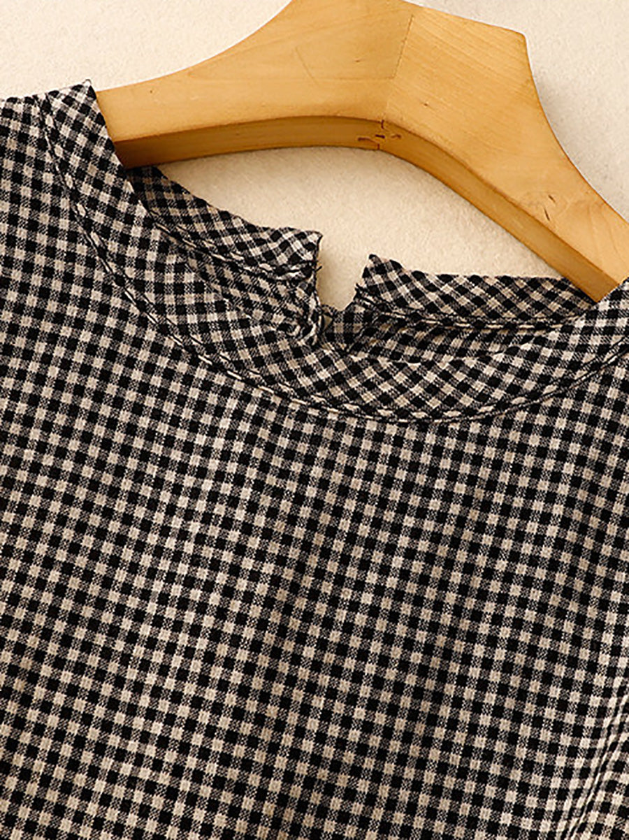 Plus Size Women Summer Retro Plaid Stand Collar Cotton Linen T-Shirt