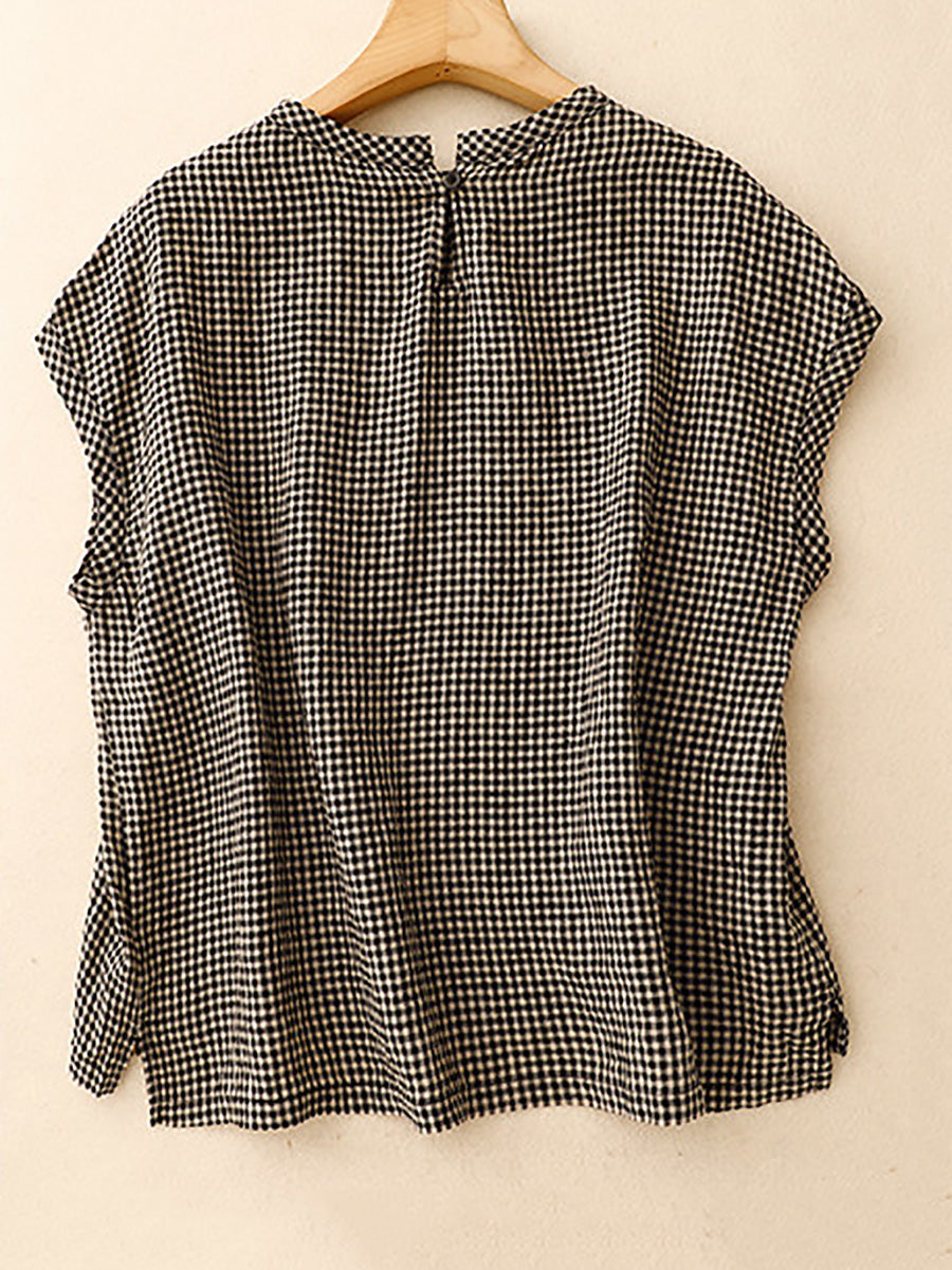 Plus Size Women Summer Retro Plaid Stand Collar Cotton Linen T-Shirt