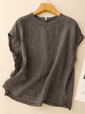 Plus Size Women Summer Retro Plaid Stand Collar Cotton Linen T-Shirt