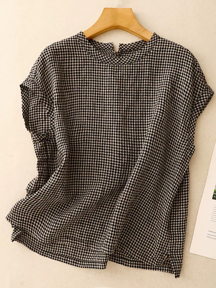 Plus Size Women Summer Retro Plaid Stand Collar Cotton Linen T-Shirt