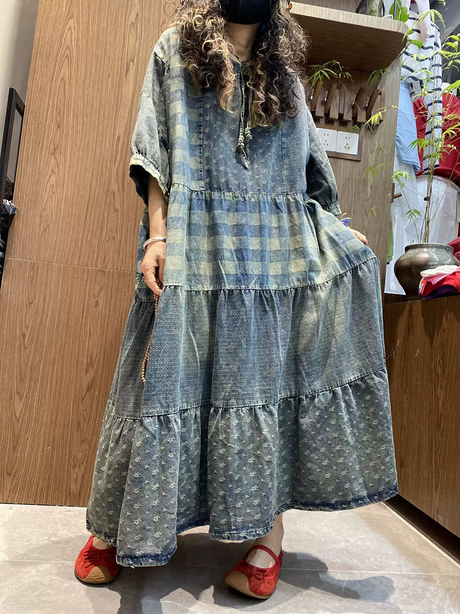 Women Summer Vintage Patchwork O-Neck Denim Maxi Dress