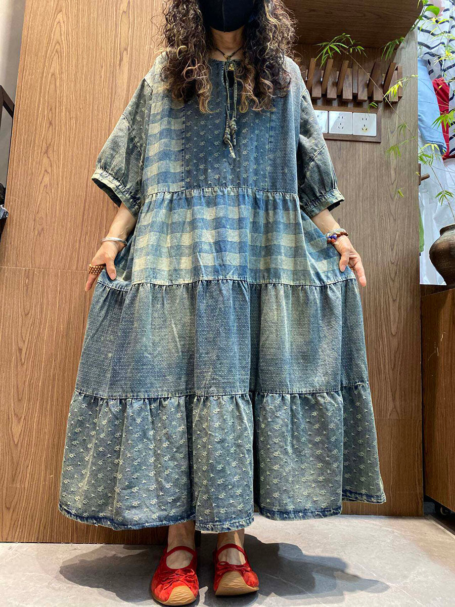 Women Summer Vintage Patchwork O-Neck Denim Maxi Dress