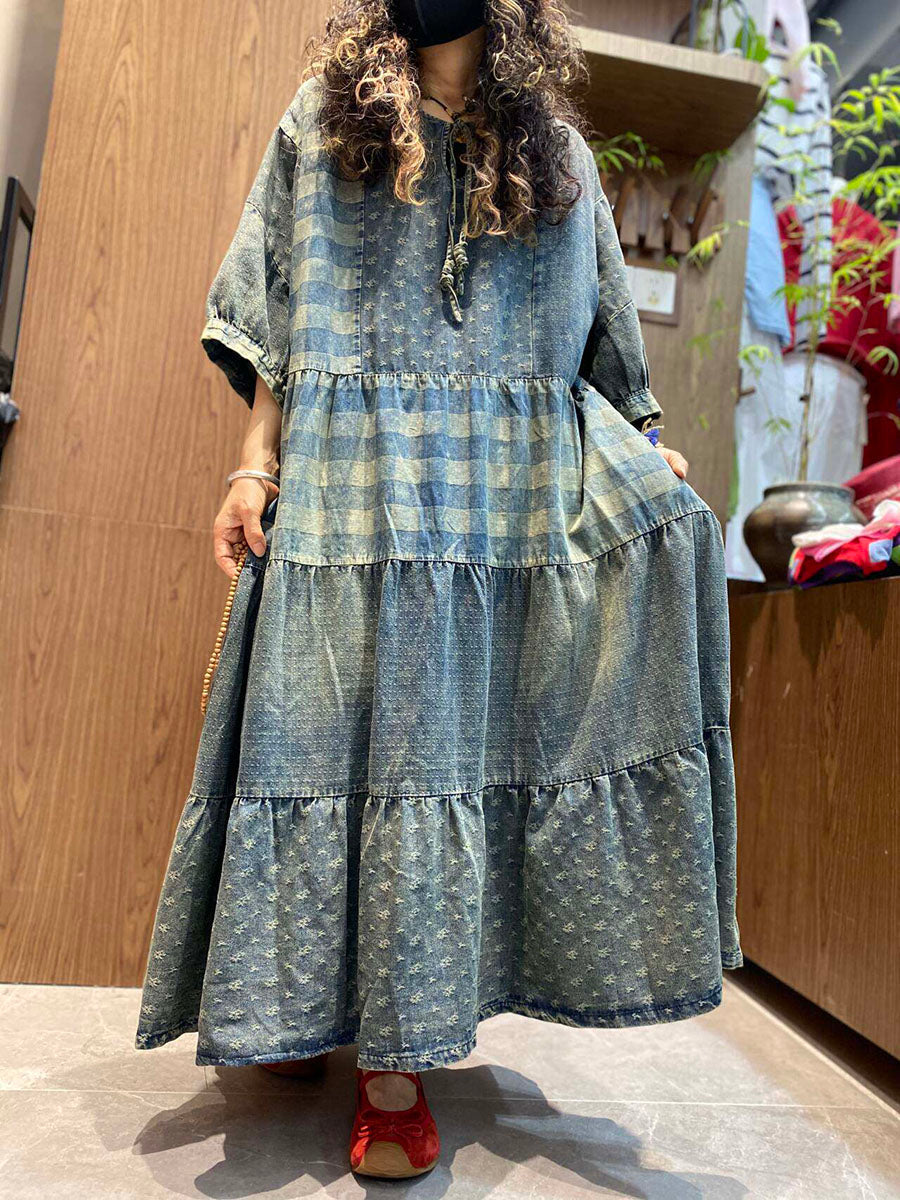 Women Summer Vintage Patchwork O-Neck Denim Maxi Dress