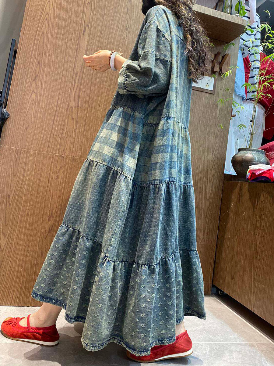 Women Summer Vintage Patchwork O-Neck Denim Maxi Dress