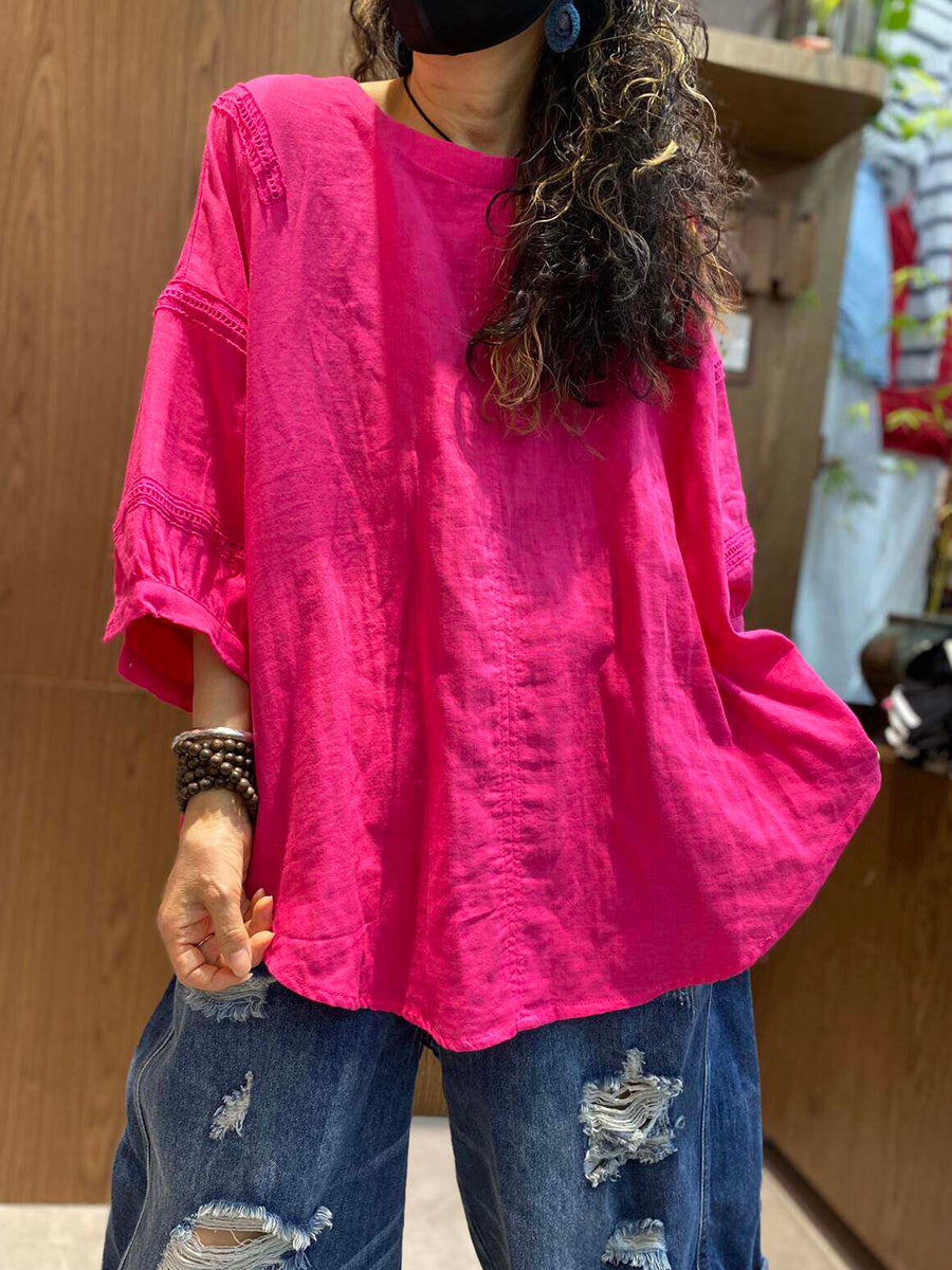 Plus Size Women Summer Casual Pure Color O-Neck T-Shirt