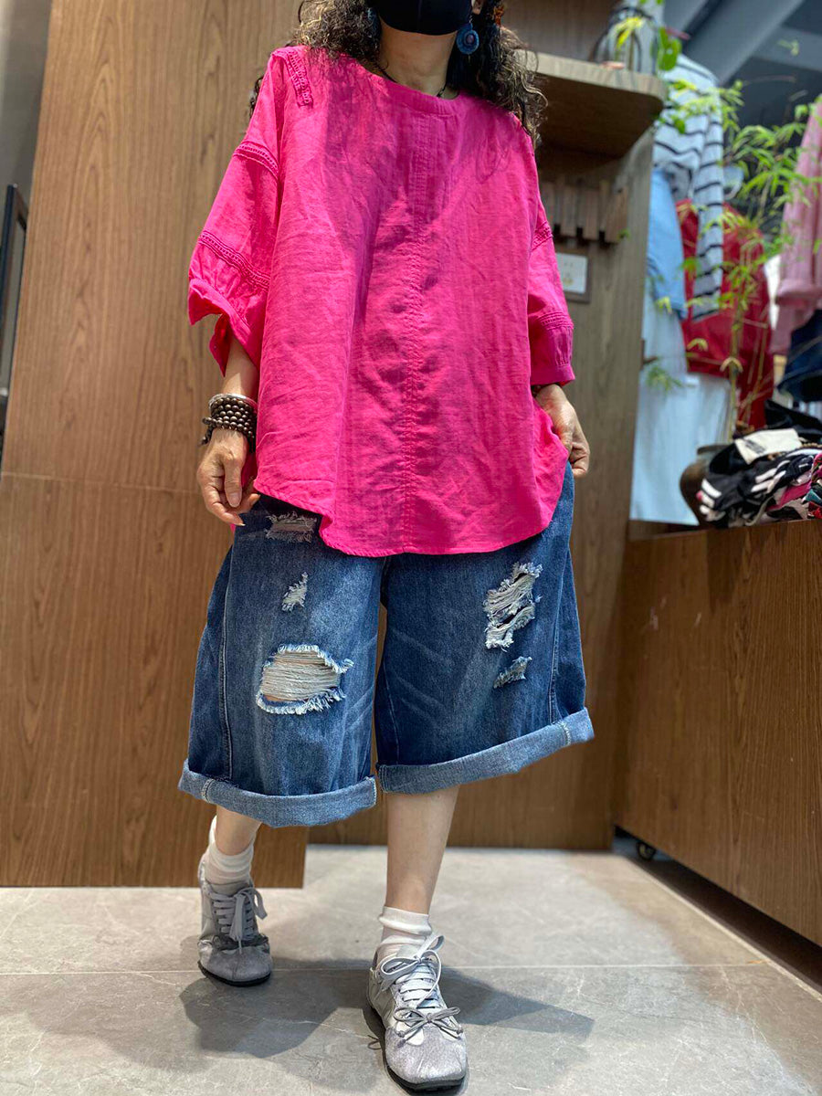 Plus Size Women Summer Casual Pure Color O-Neck T-Shirt