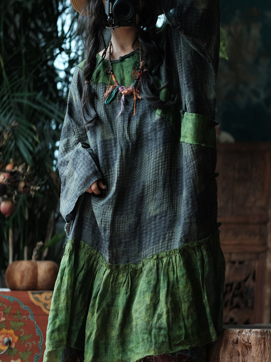 Women Summer Vintage Patchwork O-Neck Ramie Dress