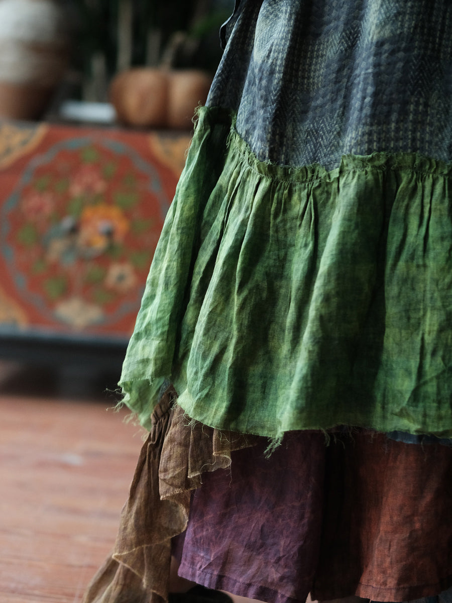 Women Summer Vintage Patchwork O-Neck Ramie Dress