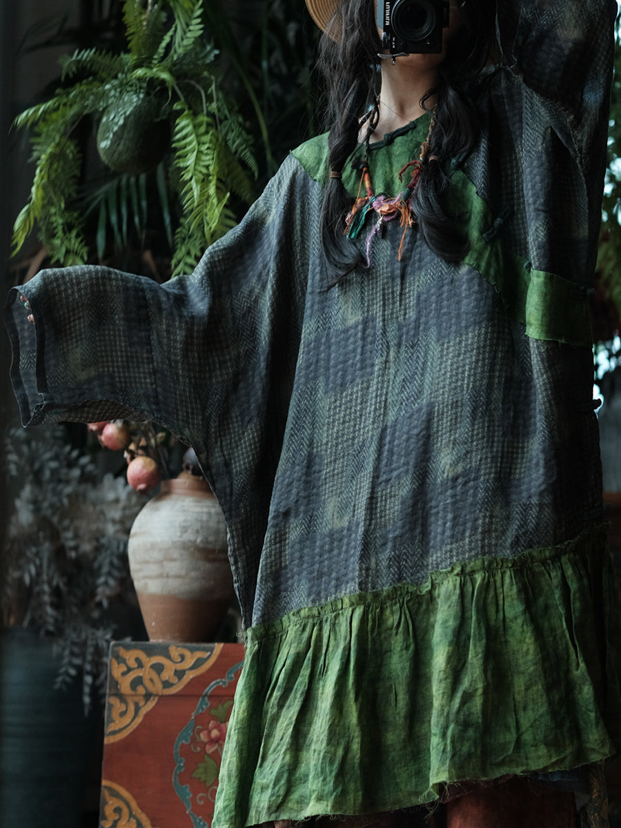 Women Summer Vintage Patchwork O-Neck Ramie Dress