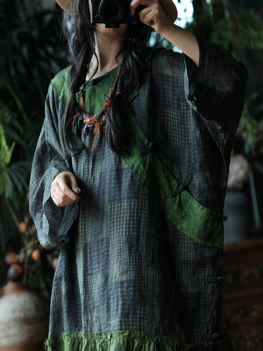 Women Summer Vintage Patchwork O-Neck Ramie Dress