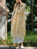 Plus Size Women Summer Artsy Flower O-Neck 100%Ramie Dress