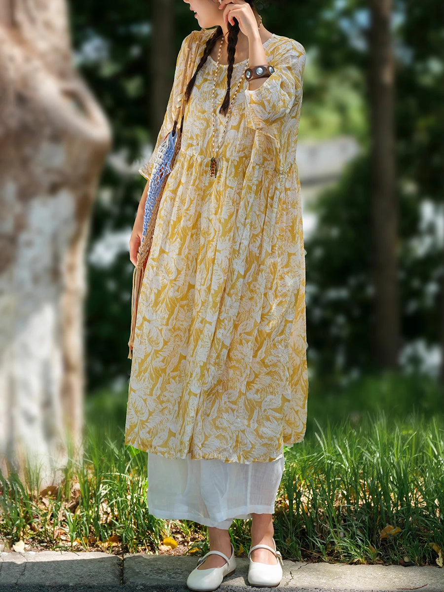 Plus Size Women Summer Artsy Flower O-Neck 100%Ramie Dress