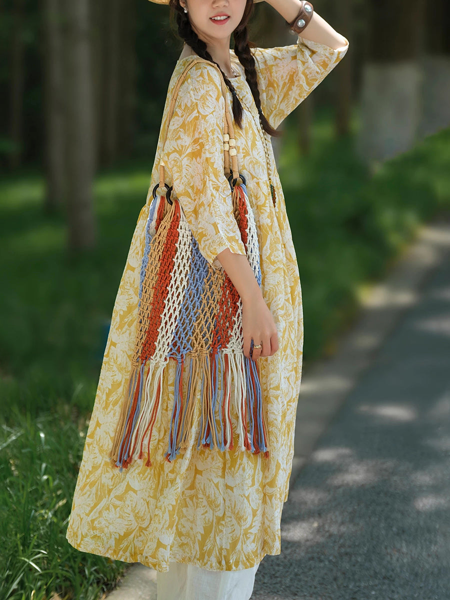 Plus Size Women Summer Artsy Flower O-Neck 100%Ramie Dress