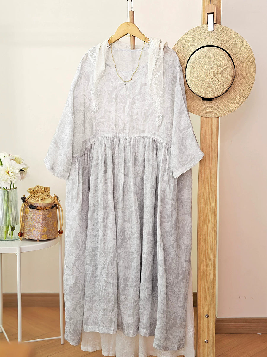 Plus Size Women Summer Artsy Flower O-Neck 100%Ramie Dress
