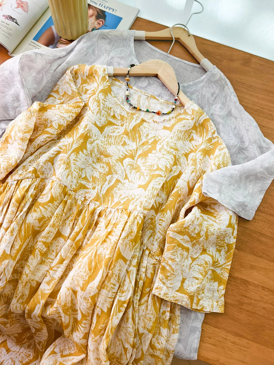 Plus Size Women Summer Artsy Flower O-Neck 100%Ramie Dress