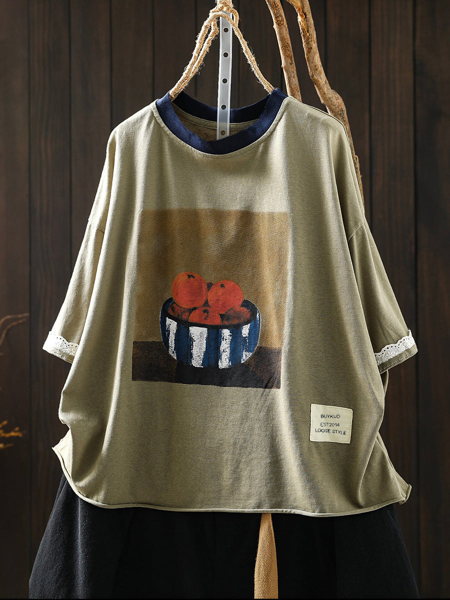 Plus Size Women Summer Casual Print O-Neck Cotton T-Shirt