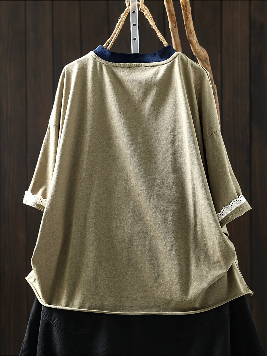 Plus Size Women Summer Casual Print O-Neck Cotton T-Shirt