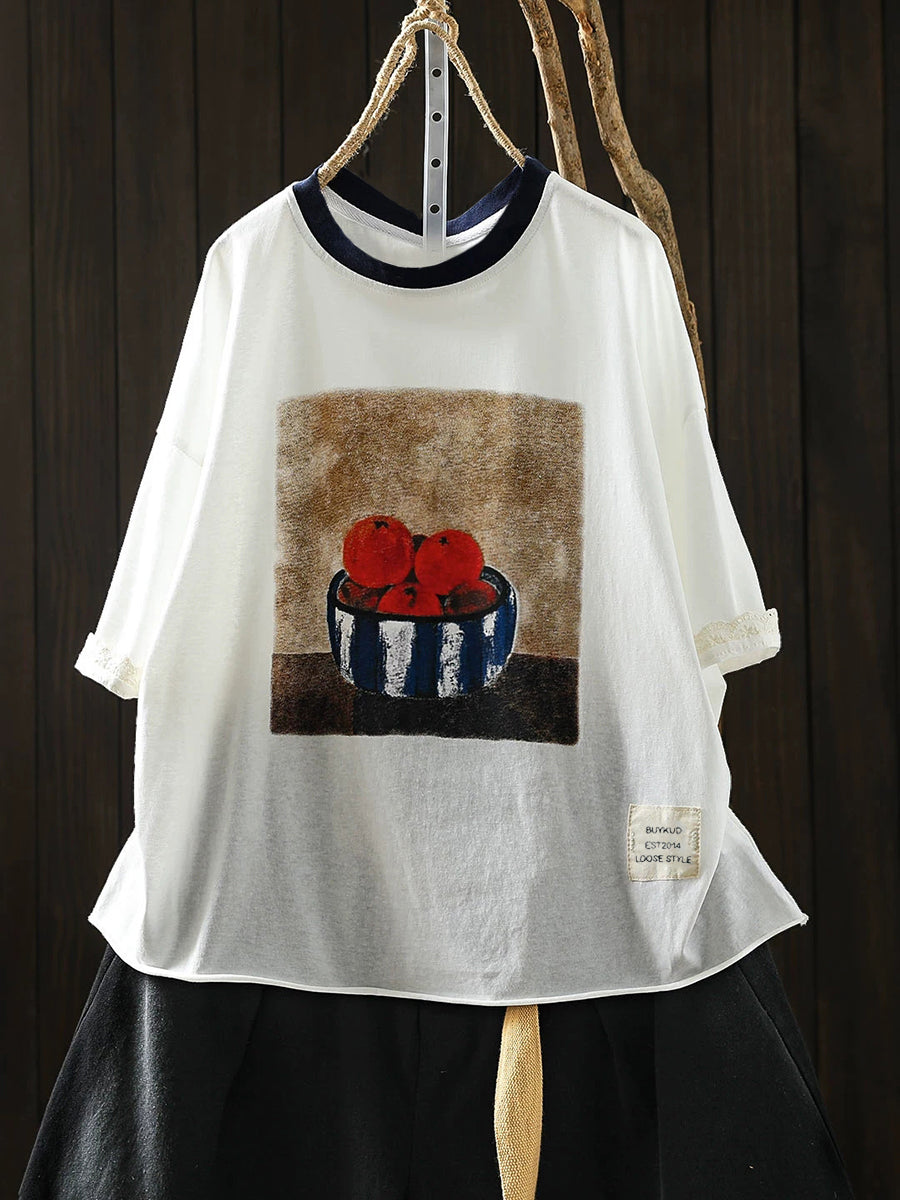 Plus Size Women Summer Casual Print O-Neck Cotton T-Shirt