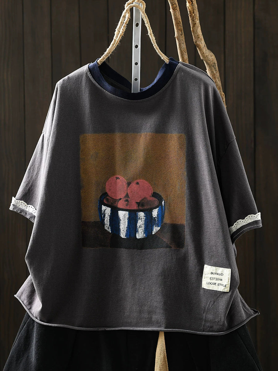 Plus Size Women Summer Casual Print O-Neck Cotton T-Shirt