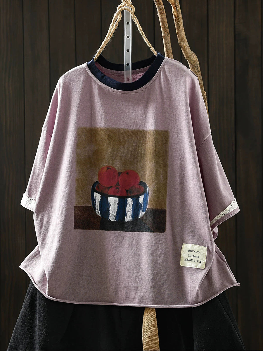 Plus Size Women Summer Casual Print O-Neck Cotton T-Shirt
