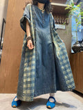 Women Summer Vintage Plaid Spliced V-Neck Denim Dress