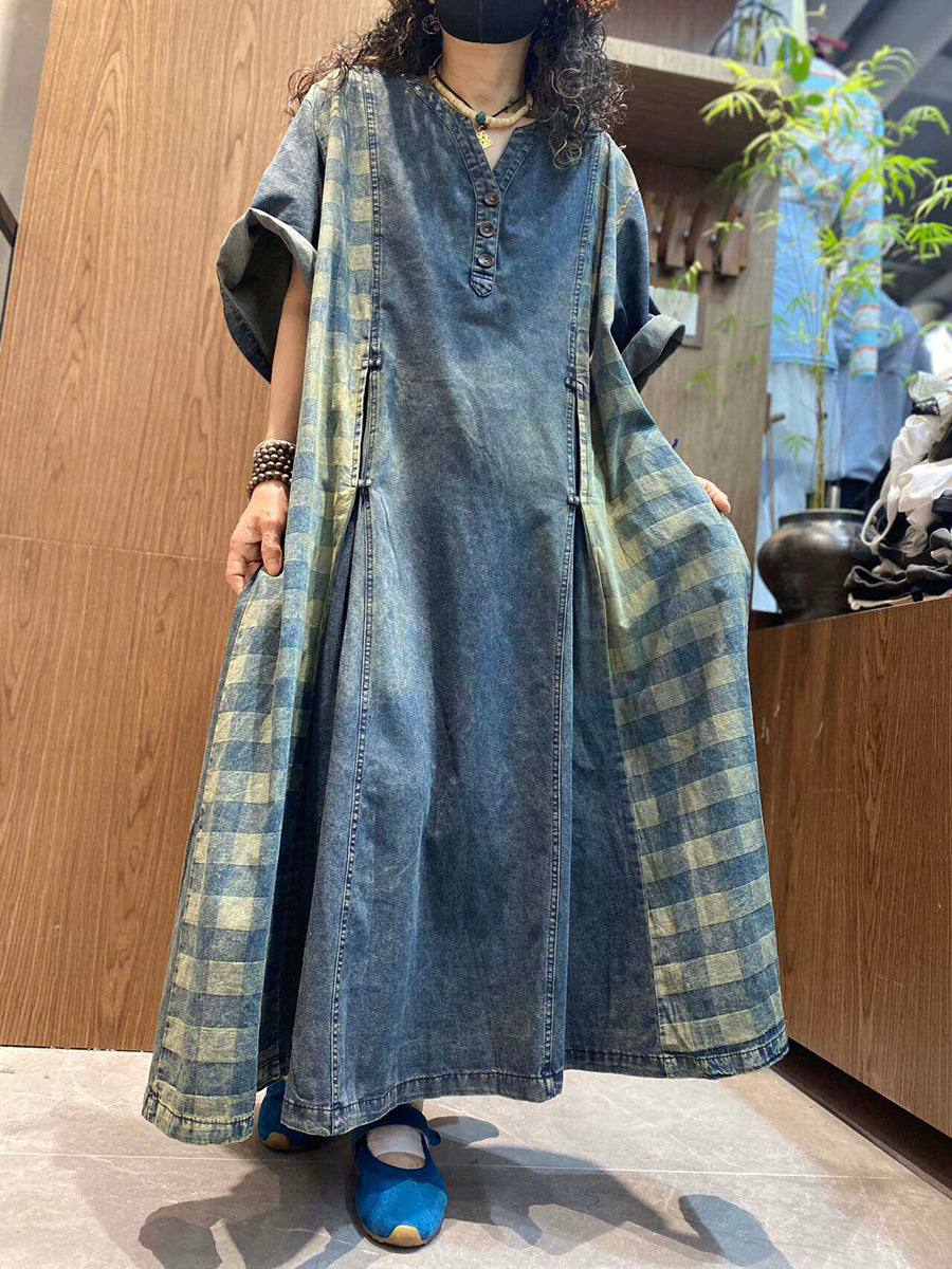Women Summer Vintage Plaid Spliced V-Neck Denim Dress