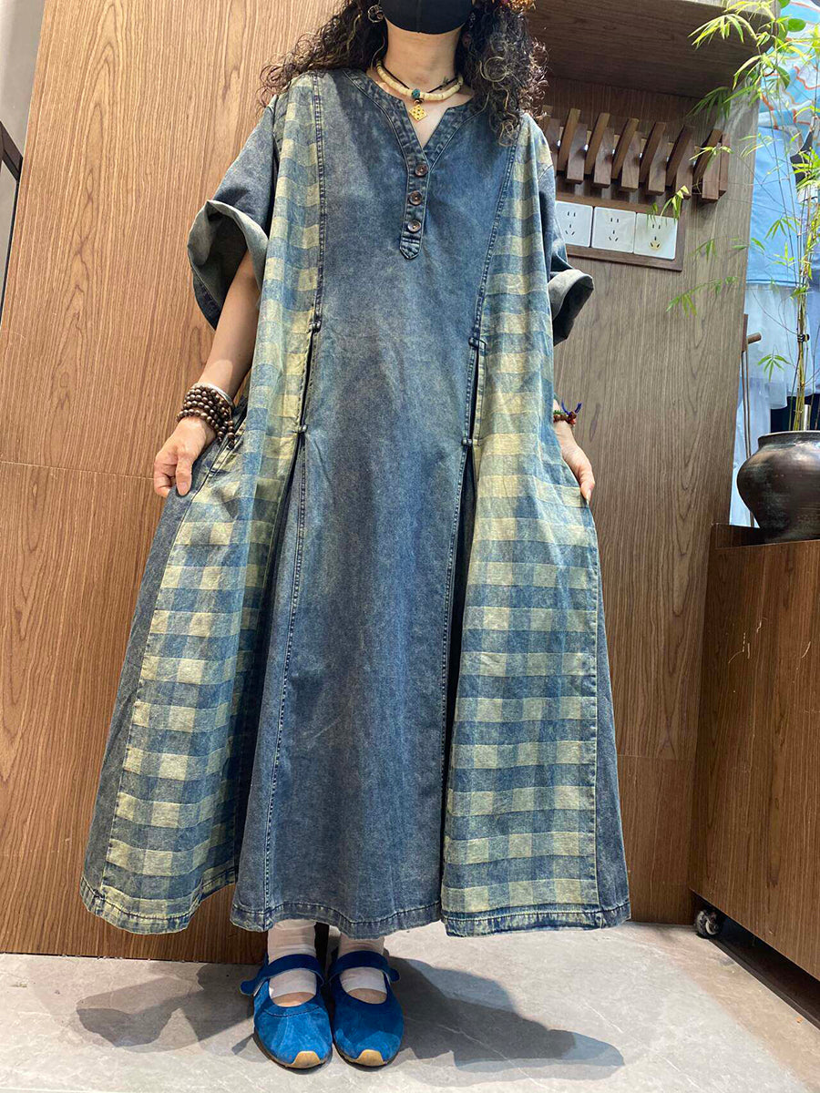 Women Summer Vintage Plaid Spliced V-Neck Denim Dress