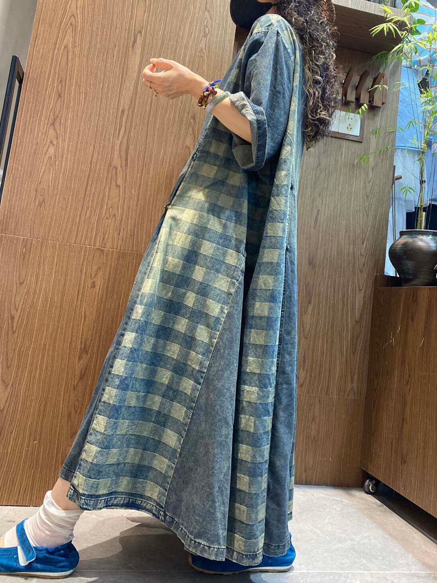 Women Summer Vintage Plaid Spliced V-Neck Denim Dress