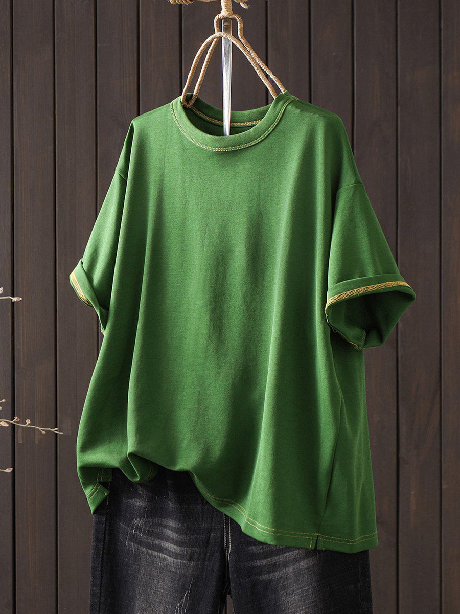 Women Summer Casual Pure Color O-Neck T-Shirt