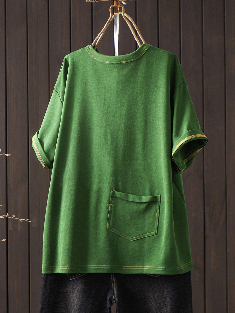 Women Summer Casual Pure Color O-Neck T-Shirt