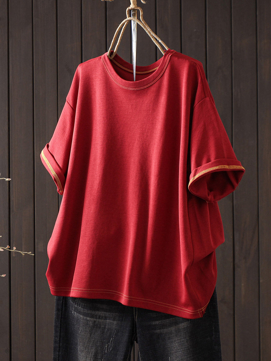 Women Summer Casual Pure Color O-Neck T-Shirt
