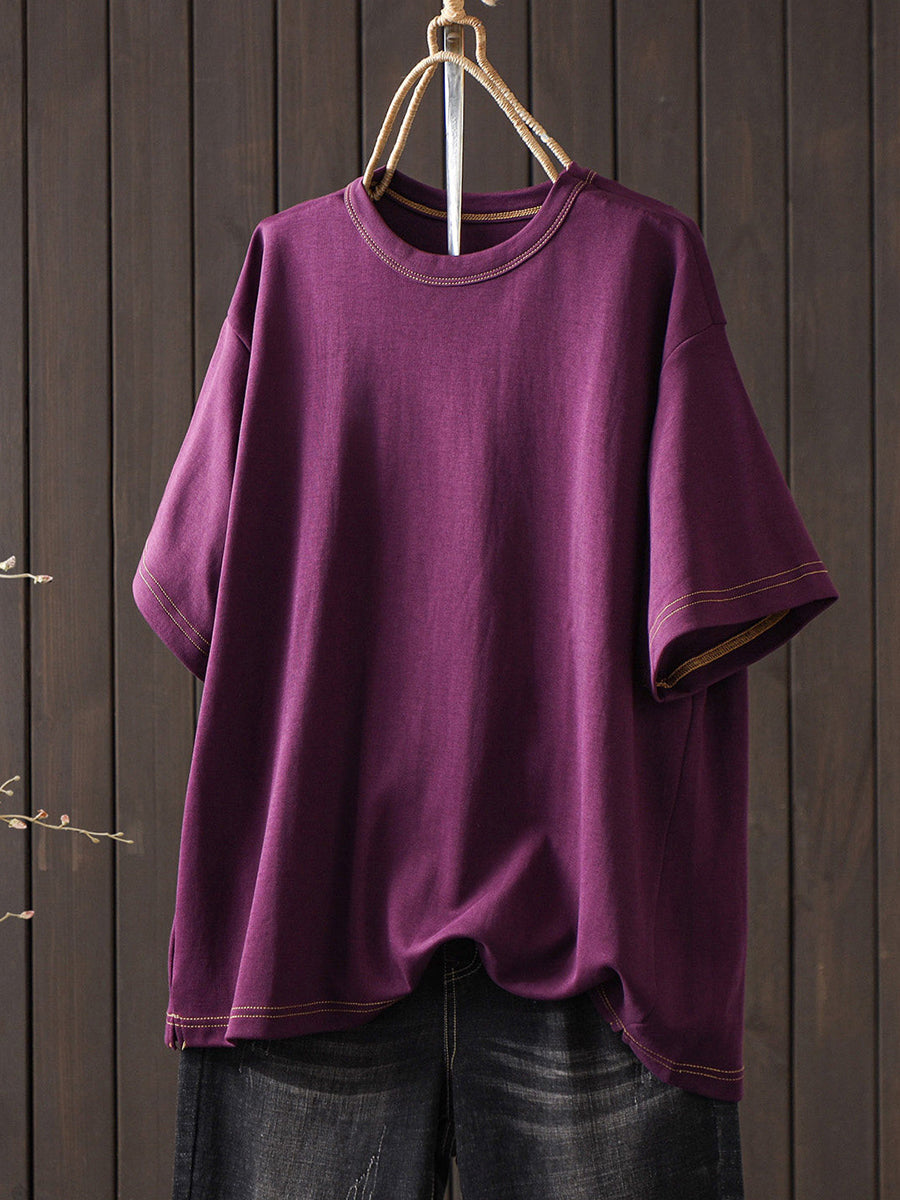 Women Summer Casual Pure Color O-Neck T-Shirt