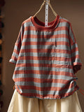 Plus Size Women Summer Casual Stripe O-Neck 100%Cotton T-Shirt