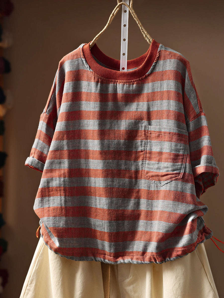 Plus Size Women Summer Casual Stripe O-Neck 100%Cotton T-Shirt