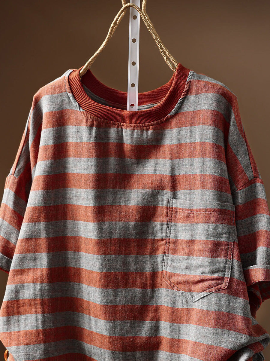 Plus Size Women Summer Casual Stripe O-Neck 100%Cotton T-Shirt
