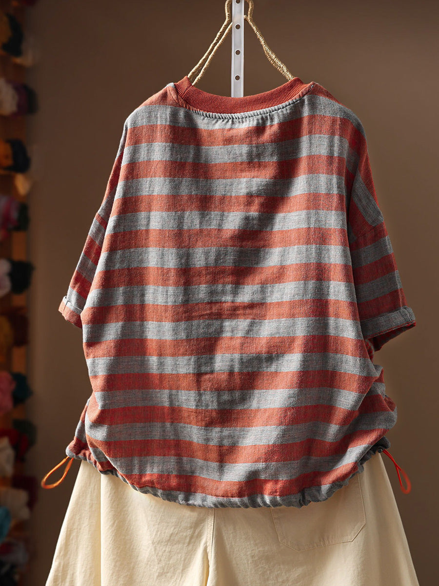 Plus Size Women Summer Casual Stripe O-Neck 100%Cotton T-Shirt