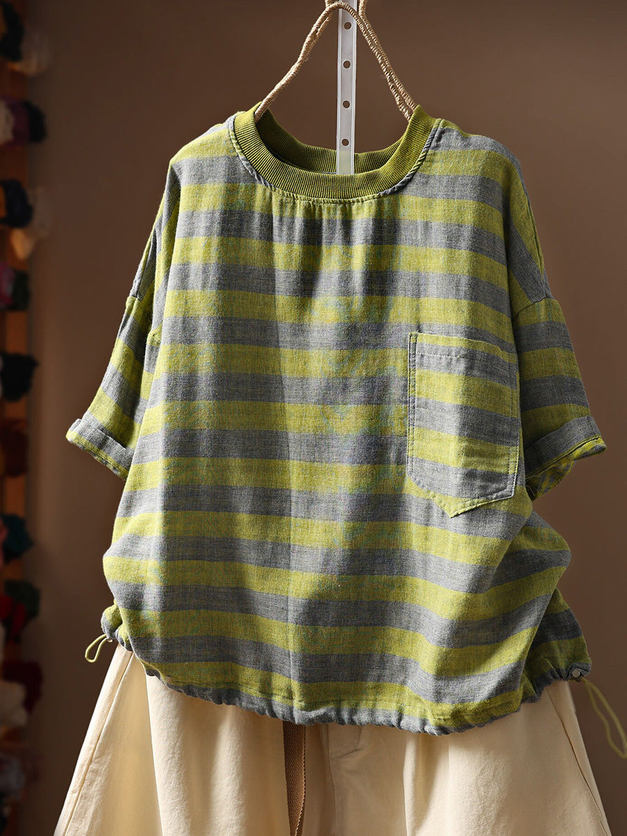Plus Size Women Summer Casual Stripe O-Neck 100%Cotton T-Shirt