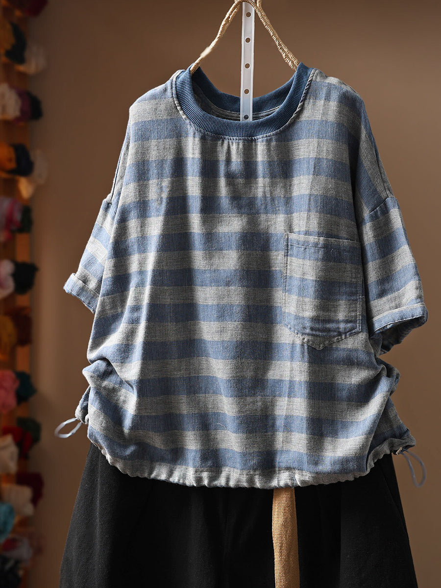 Plus Size Women Summer Casual Stripe O-Neck 100%Cotton T-Shirt