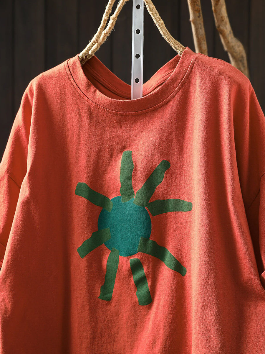 Plus Size Artsy Print 100%Cotton Loose T-Shirt