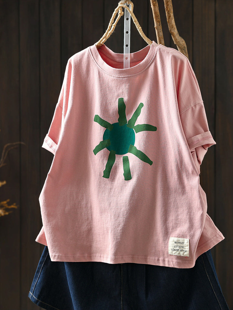 Plus Size Artsy Print 100%Cotton Loose T-Shirt