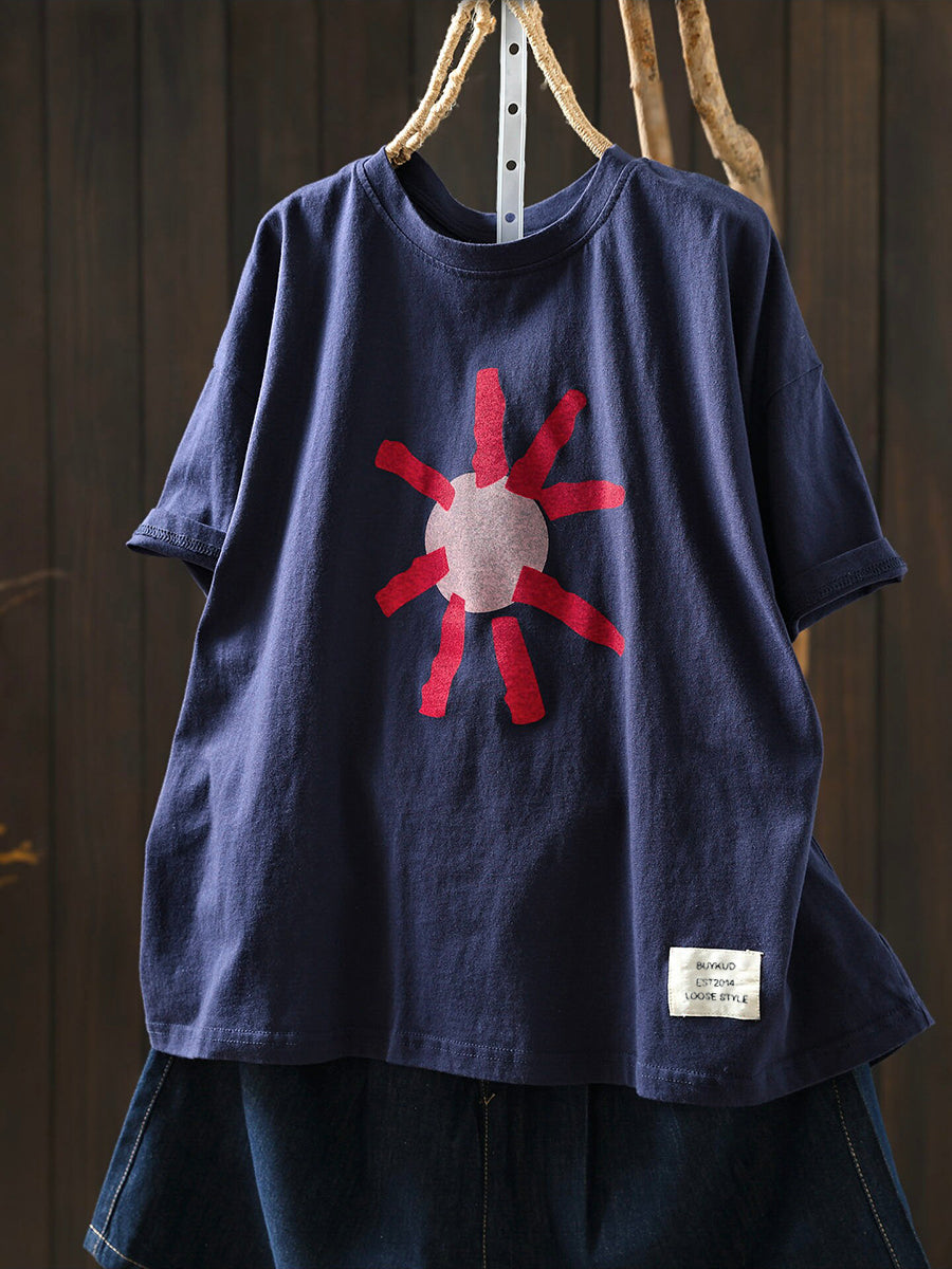 Plus Size Artsy Print 100%Cotton Loose T-Shirt