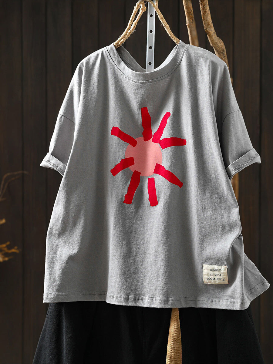 Plus Size Artsy Print 100%Cotton Loose T-Shirt