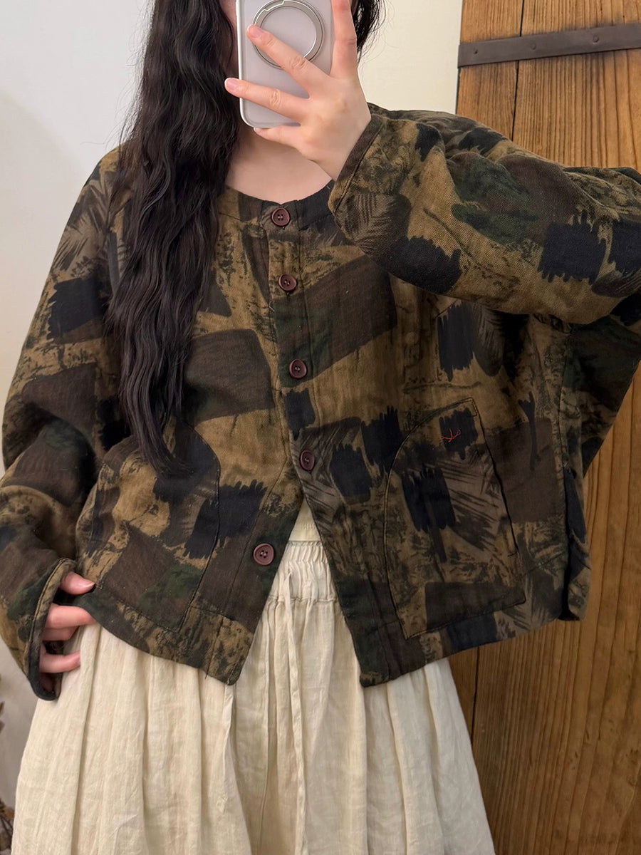 Women Fall Vintage Printed Long Sleeve Cotton Short Jacket